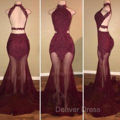 Burgundy Sheer-Tulle Lace-Appliques High-Neck Mermaid Prom Dresses