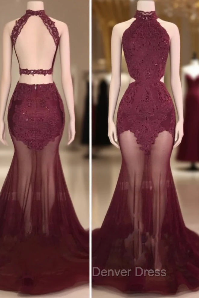 Burgundy Sheer Tulle Lace Appliques High Neck Mermaid Prom Dresses Main image