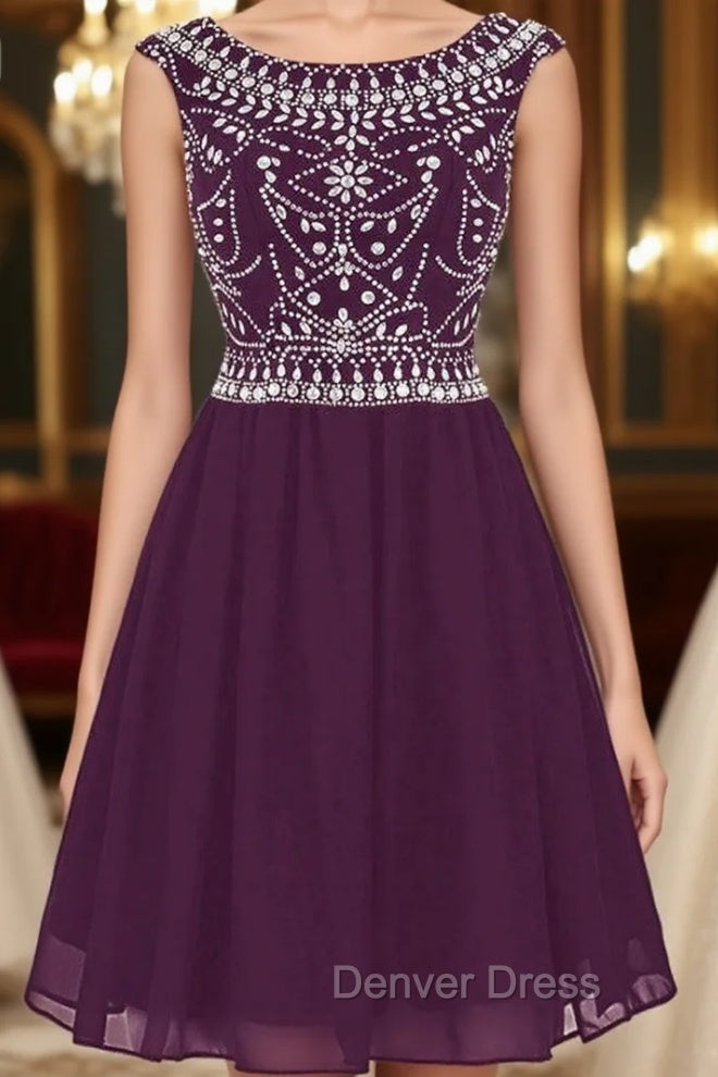 Burgundy Short Mini Chiffon Scoop Cap Sleeve Homecoming Dresses