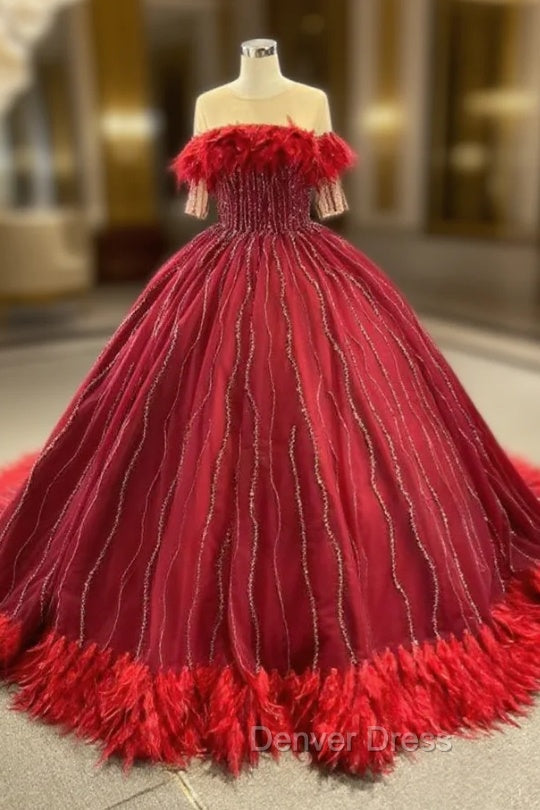 Burgundy Short Sleeve Beading Feather Prom Dresses