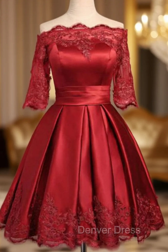 Burgundy Short Sleeve Off The Shoulder Satin Dresses