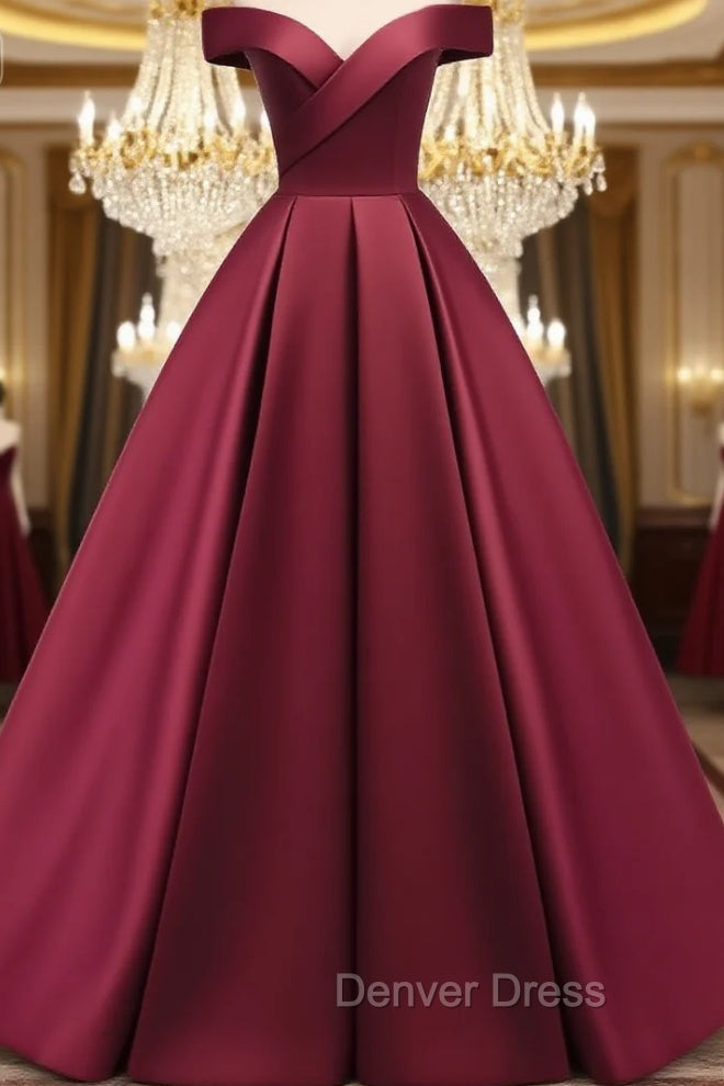 Burgundy Simple A Line Floor Length Satin Off Shoulder Prom Dress, Long Prom Dresses Main image