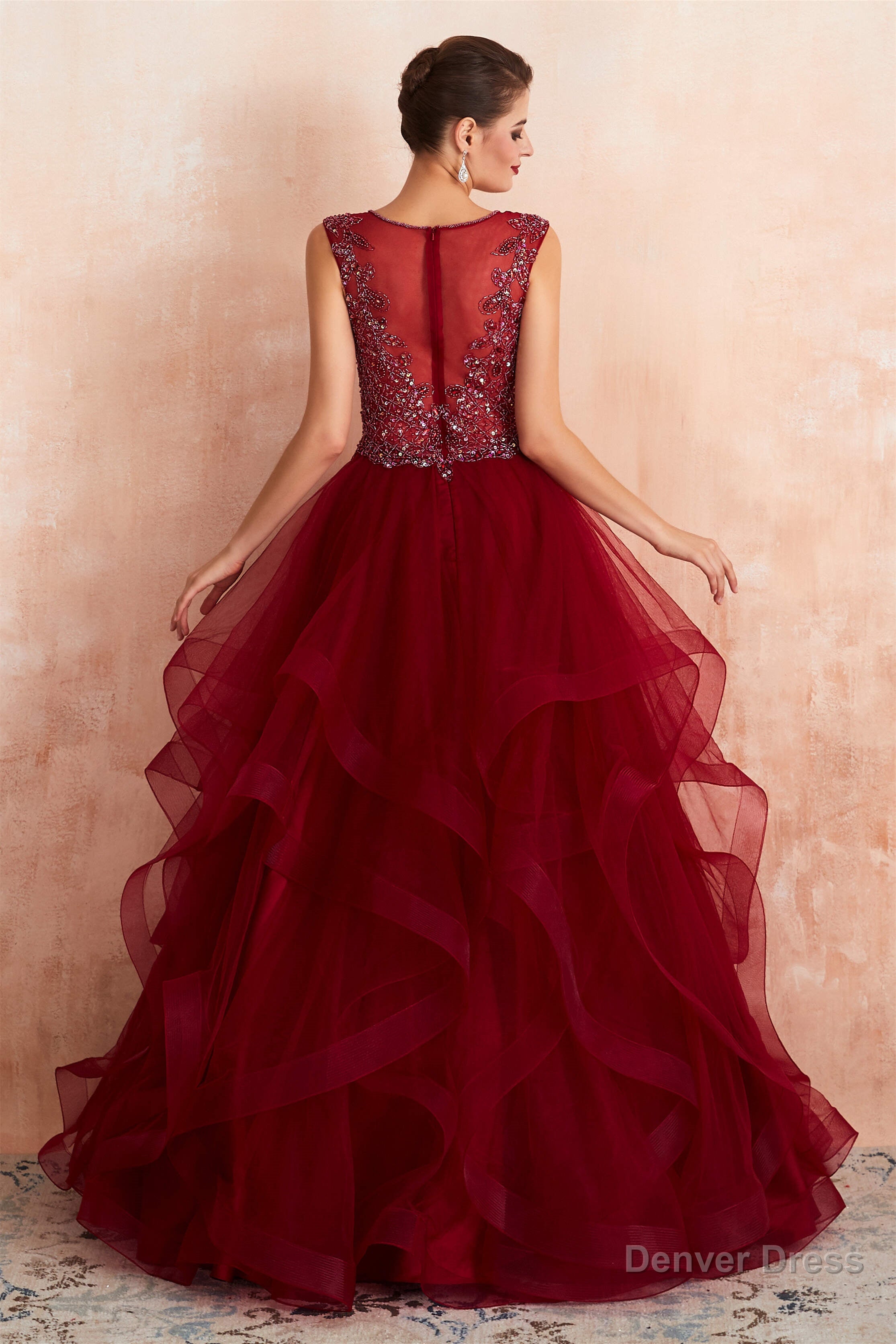 Burgundy Sleeveless Aline Puffy Tulle Prom Dresses with Sequins