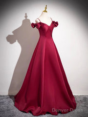 Burgundy Spaghetti Strap Satin Long Prom Dress, A-Line Evening Party Dress