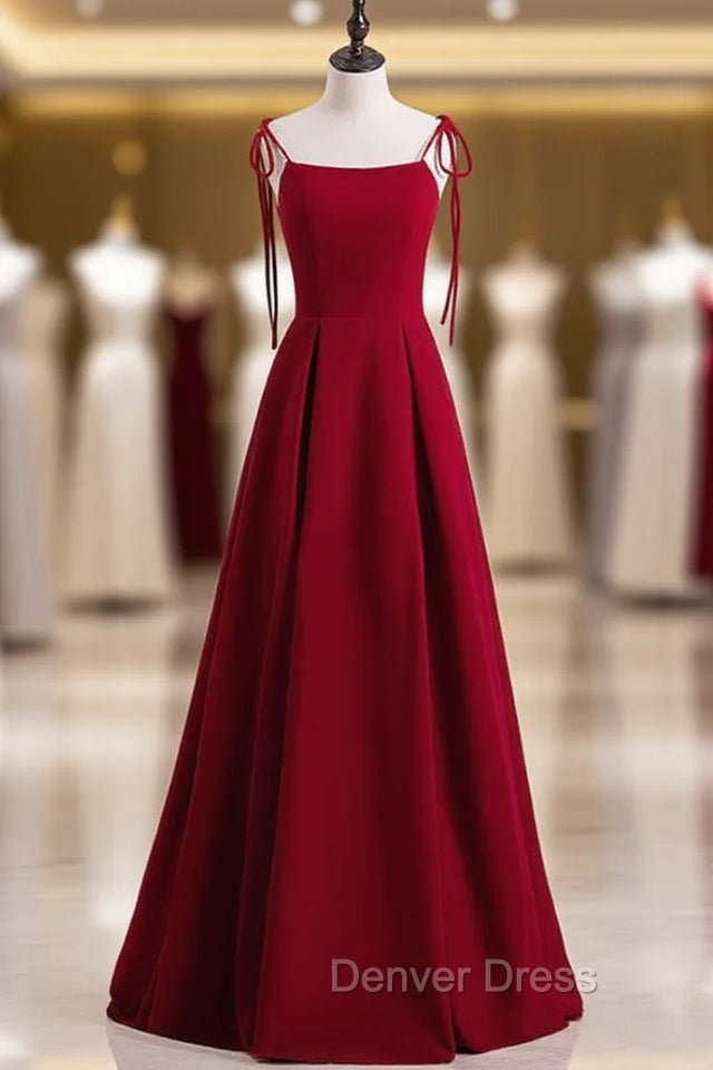 Burgundy Spaghetti Straps Backless Prom Dresses Main image