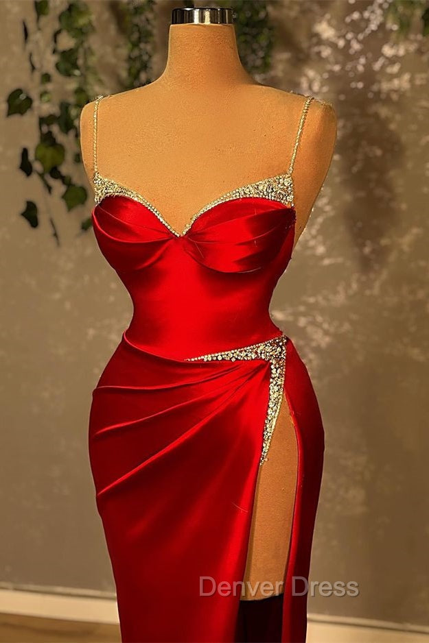Burgundy Spaghetti Straps Mermaid Prom Dresses Sleeveless With Slit Beads