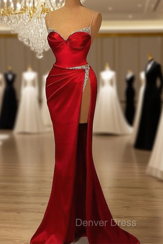 Burgundy Spaghetti Straps Mermaid Prom Dresses Sleeveless With Slit Beads Main image