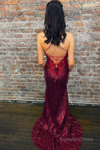 Burgundy Spaghetti Straps Sheath Sequins Prom Dresses with Appliques