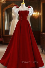 Burgundy Square Puff Sleeve Bow Prom Dresses