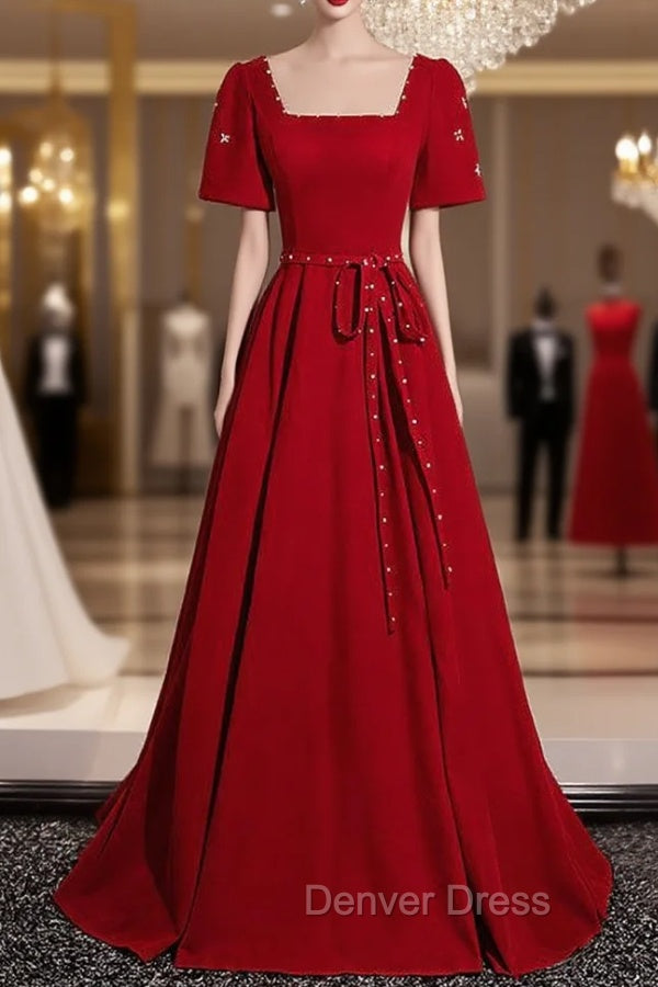 Burgundy Square Short Sleeve Pearls Prom Dresses