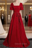 Burgundy Square Short Sleeve Pearls Prom Dresses