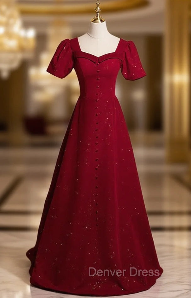 Burgundy Square Square Puff Sleeve Button Prom Dresses Main image