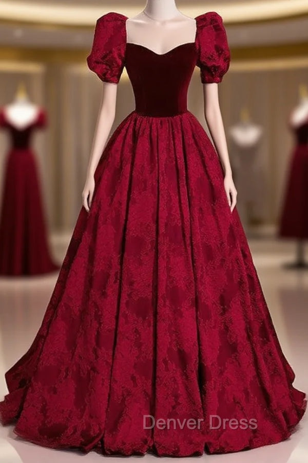 Burgundy Square Square Puff Sleeve Prom Dresses