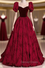 Burgundy Square Square Puff Sleeve Prom Dresses