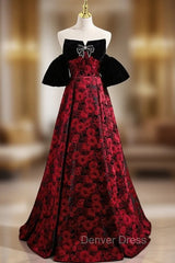 Burgundy Strapless Black Velvet Prom Dresses