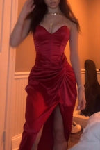 Burgundy Strapless Long Prom Dress With Slit