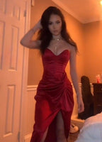 Burgundy Strapless Long Prom Dress With Slit