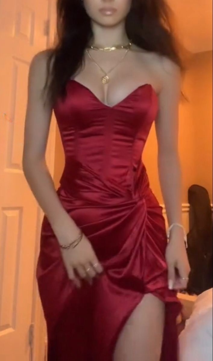 Burgundy Strapless Long Prom Dress With Slit