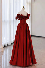 Burgundy Strapless Satin Long Prom Dress, A Line Prom Dresses