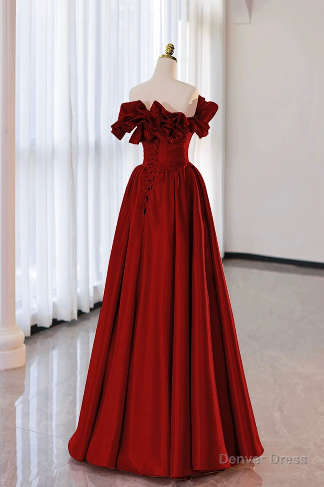 Burgundy Strapless Satin Long Prom Dress, A Line Prom Dresses