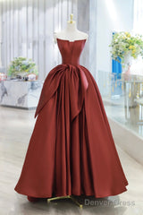 Burgundy Strapless Satin Long Prom Dress, Beautiful A-Line Evening Party Dress