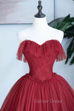 Burgundy Strapless Tulle Long Prom Dress, Sweetheart Neckline Prom Dresses