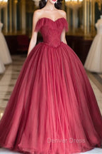 Burgundy Strapless Tulle Long Prom Dress, Sweetheart Neckline Prom Dresses