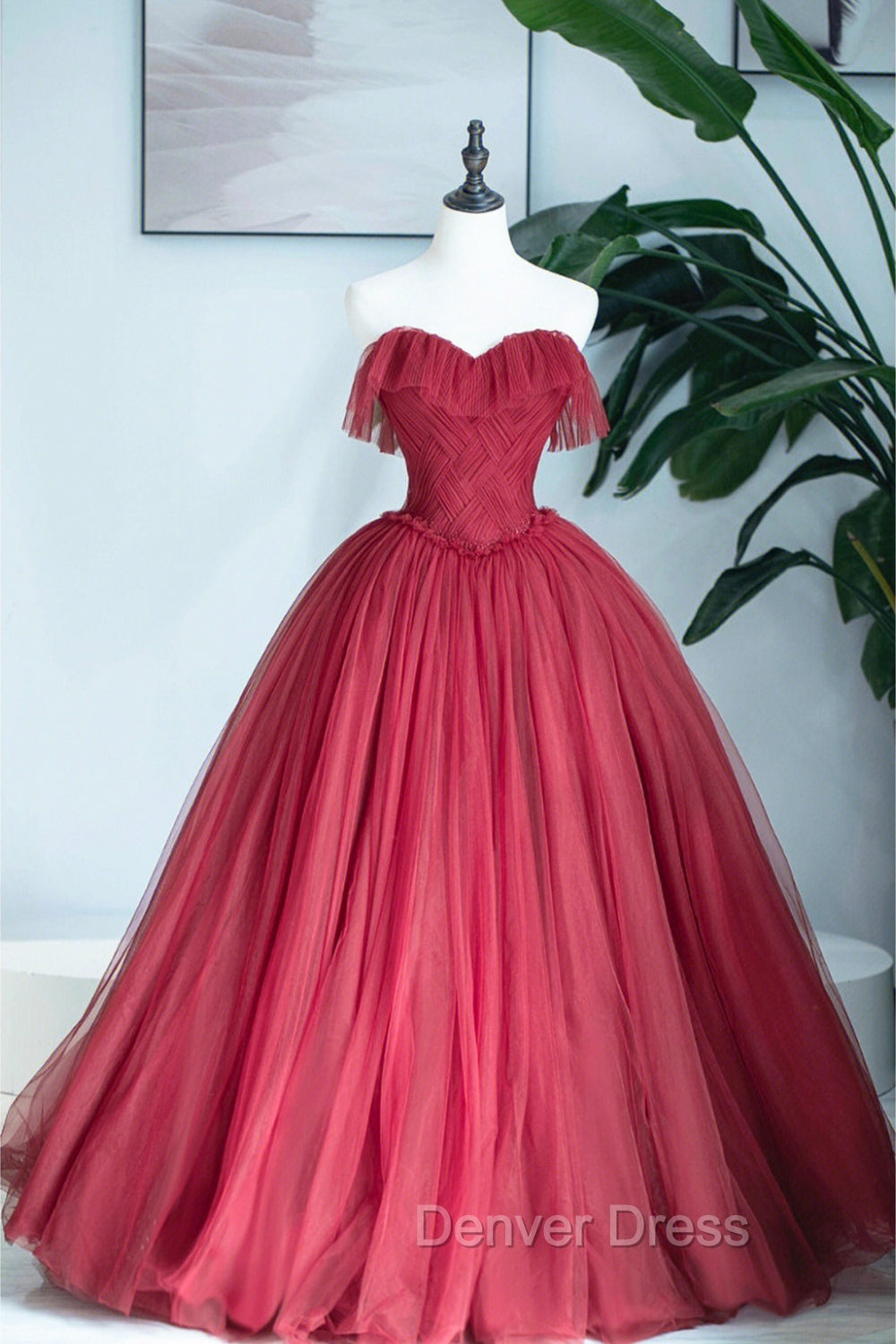 Burgundy Strapless Tulle Long Formal Dresses, Sweetheart Neckline Evening Dresses Main image