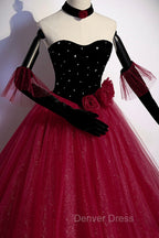 Burgundy Strapless Tulle Long Prom Dress, A Line Prom Dresses