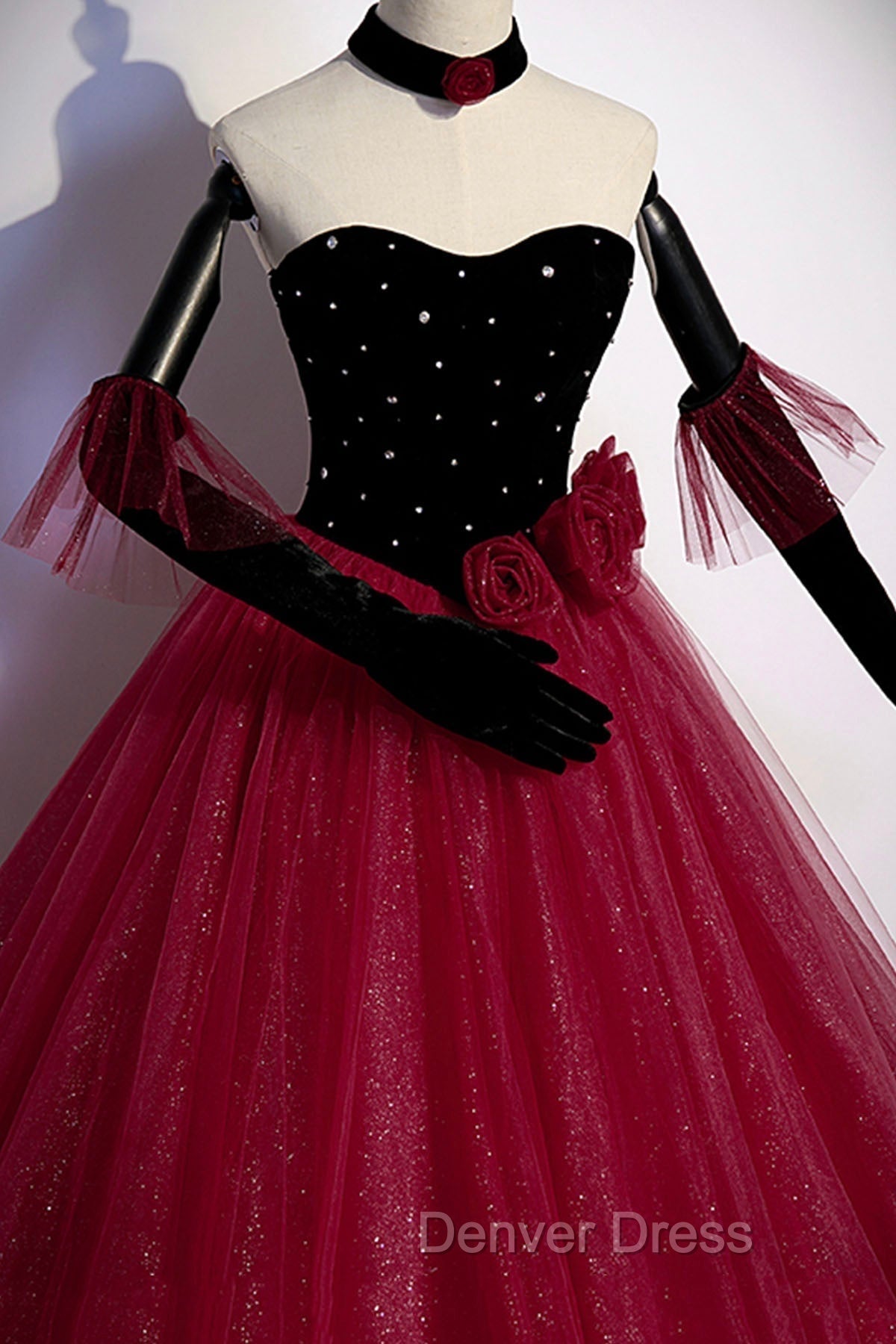 Burgundy Strapless Tulle Long Prom Dress, A Line Prom Dresses