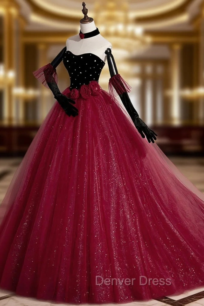 Burgundy Strapless Tulle Long Prom Dresses, A-Line Evening Party Dresses Main image
