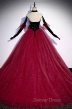 Burgundy Strapless Tulle Long Prom Dress, A Line Prom Dresses