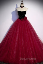 Burgundy Strapless Tulle Long Prom Dress, A Line Prom Dresses