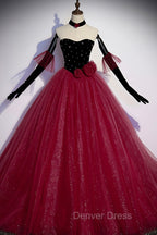 Burgundy Strapless Tulle Long Prom Dress, A Line Prom Dresses