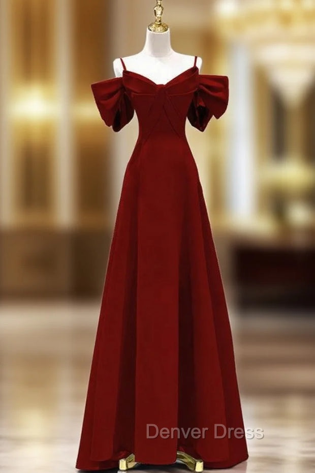 Burgundy Straps Bow Prom Dresses Main image