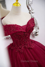 Burgundy Sweet 16 Formal Gown with Lace, Off the Shoulder Prom Dresses Party Dresses