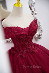 Burgundy Sweet 16 Formal Gown with Lace, Off the Shoulder Prom Dresses Party Dresses