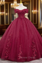 Burgundy Sweet 16 Formal Gown with Lace, Off the Shoulder Prom Dresses Party Dresses