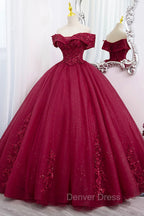Burgundy Sweet 16 Formal Gown with Lace, Off the Shoulder Prom Dresses Party Dresses