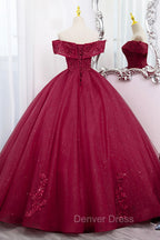 Burgundy Sweet 16 Formal Gown with Lace, Off the Shoulder Prom Dresses Party Dresses