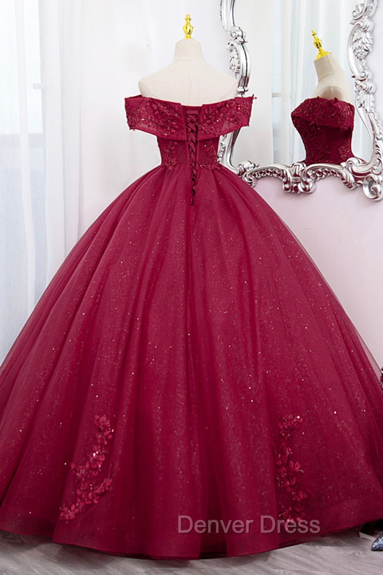 Burgundy Sweet 16 Formal Gown with Lace, Off the Shoulder Prom Dresses Party Dresses