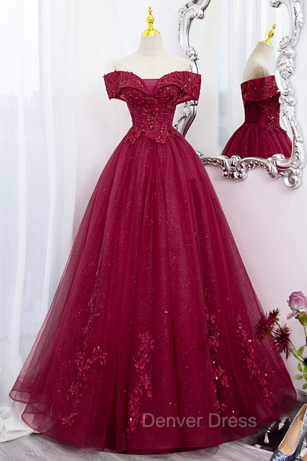 Burgundy Sweet 16 Prom Gowns with Lace, Off the Shoulder Prom Dress