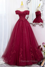 Burgundy Sweet 16 Formal Gown with Lace, Off the Shoulder Prom Dresses Party Dresses