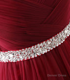 Burgundy Sweet Neck Tulle Long Prom Gown, Burgundy Evening Dress