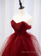 Burgundy Sweetheart Ball Gown Tulle With Beaded Prom Dresses, Burgundy Party Dresses