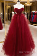Burgundy Sweetheart Ball Gown Tulle With Beaded Prom Dresses, Burgundy Party Dresses