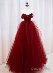 Burgundy Sweetheart Ball Gown Tulle With Beaded Prom Dress, Burgundy Party Dress