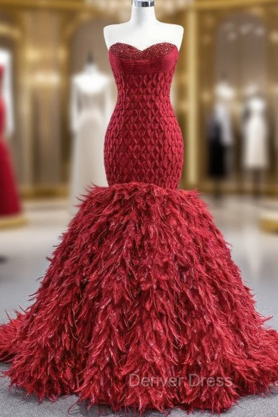 Burgundy Sweetheart Beading Tulle Prom Dresses With Detachable Feather train
