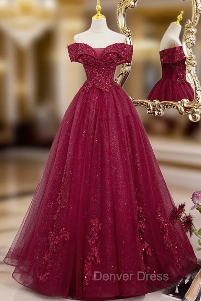 Burgundy Sweetheart Flowers Sequins Lace Party Dresses, Long Formal Dresses Prom Dresses Main image