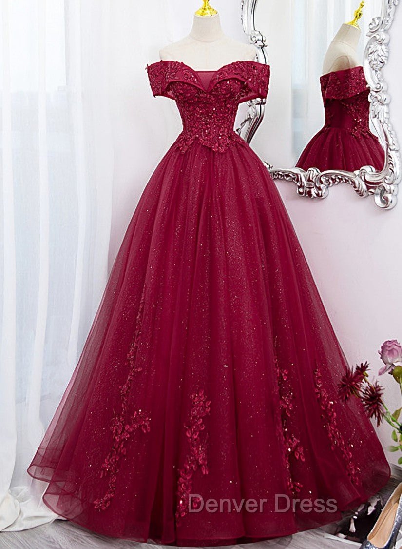 Burgundy Sweetheart Flowers Sequins Lace Party Dresses, Long Formal Dresses Prom Dresses Secondary image